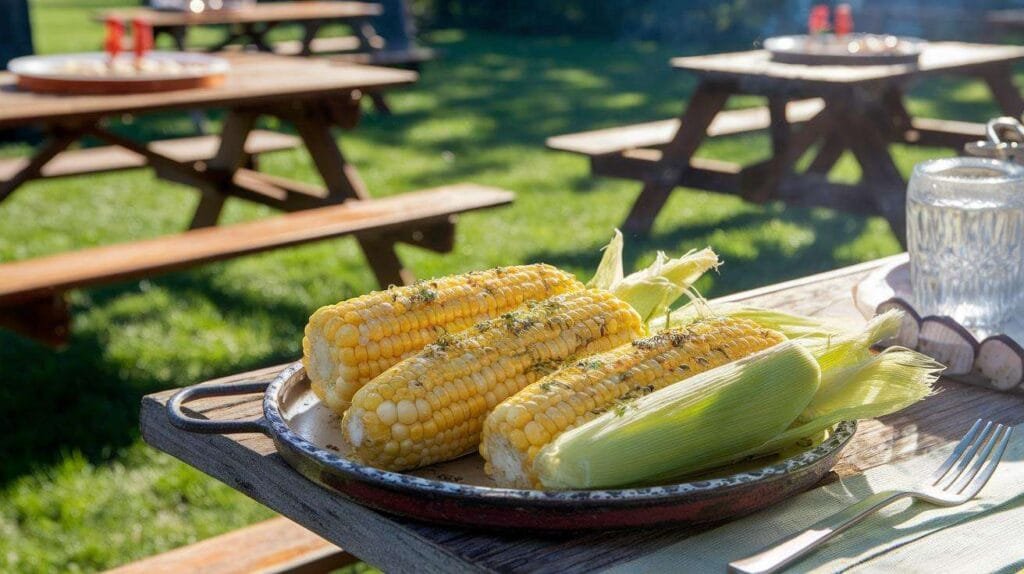 Grilled corn on the cob brushed with herb butter, served on a platter at a summer outdoor BBQ.