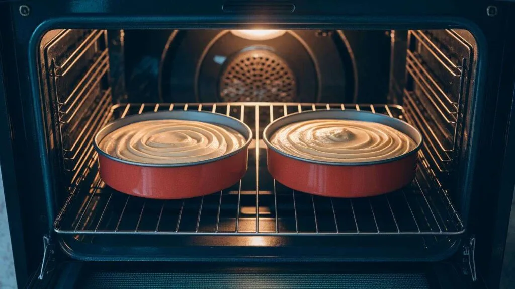 Two round cake pans filled with buttermilk cake batter inside an oven, with the batter rising evenly.