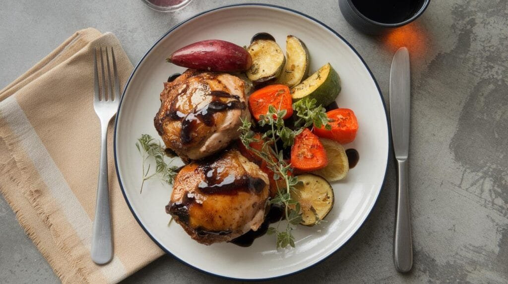 A plate of balsamic-glazed chicken served with roasted vegetables.