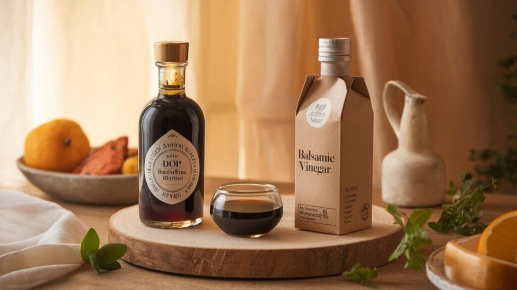 Two bottles of balsamic vinegar, one labeled "Traditional DOP" and the other a commercial version.