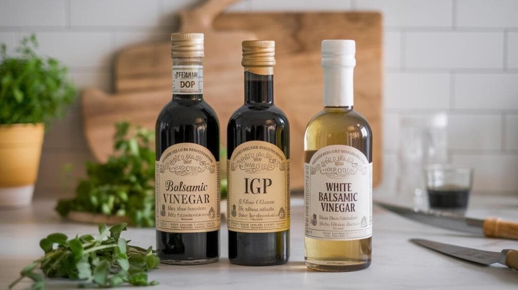 Three types of balsamic vinegar: traditional DOP, IGP, and white balsamic vinegar in distinct bottles.