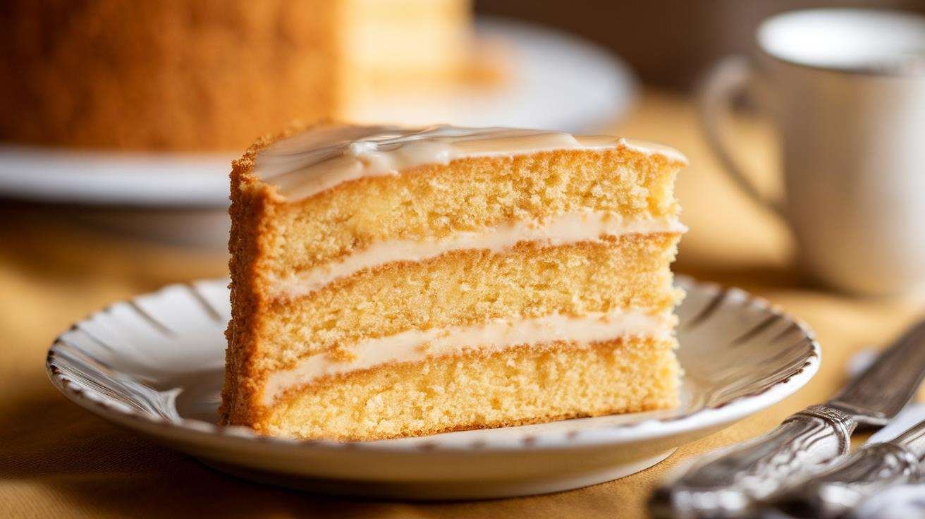 A close-up of a fluffy, golden buttermilk cake slice on a white plate, with soft crumbs visible and a light glaze on top.