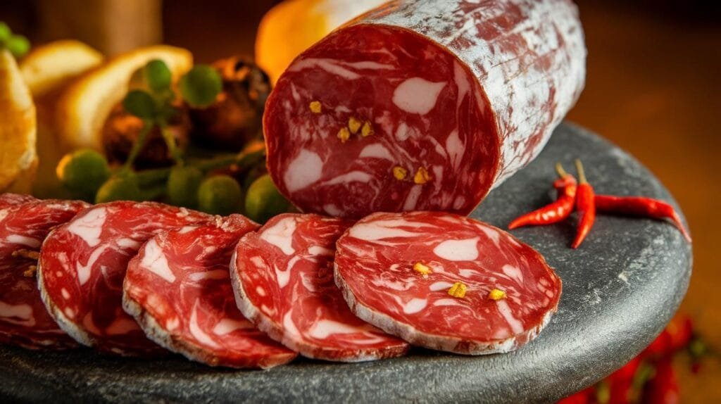 A close-up of Calabrian Soppressata, showcasing its deep red hue and specks of chili.