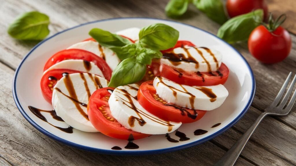A plate of Caprese salad with fresh mozzarella, ripe tomatoes, basil, and a drizzle of balsamic vinegar.