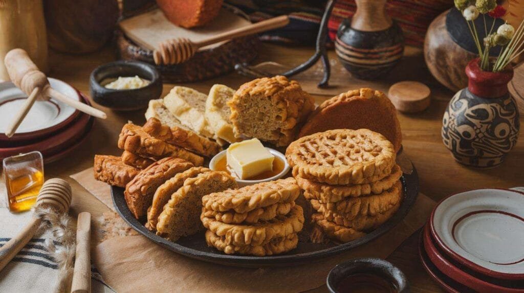 A platter of bannock bread, fried and baked variations, served with butter and honey, reflecting its Indigenous roots.
