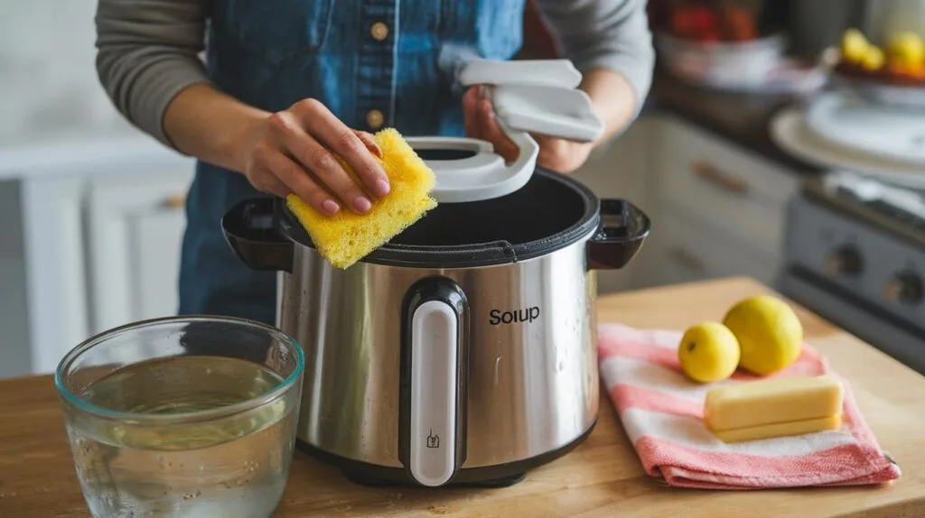 A person cleaning a soup maker with warm soapy water and a soft sponge.