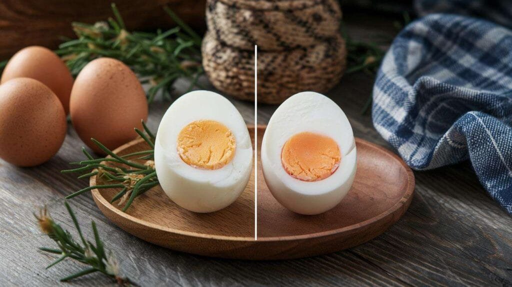 Fresh and thawed hard-boiled eggs compared on a plate.