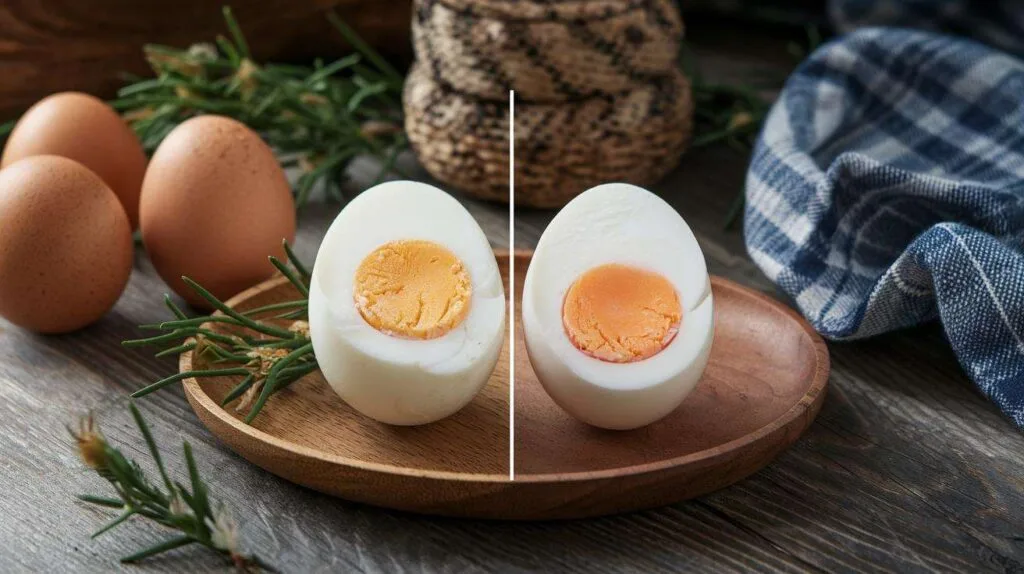 Fresh and thawed hard-boiled eggs compared on a plate.
