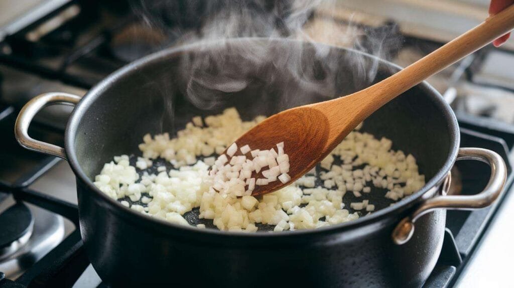 Onions being sautéed in melted butter in a large pot on a stove.