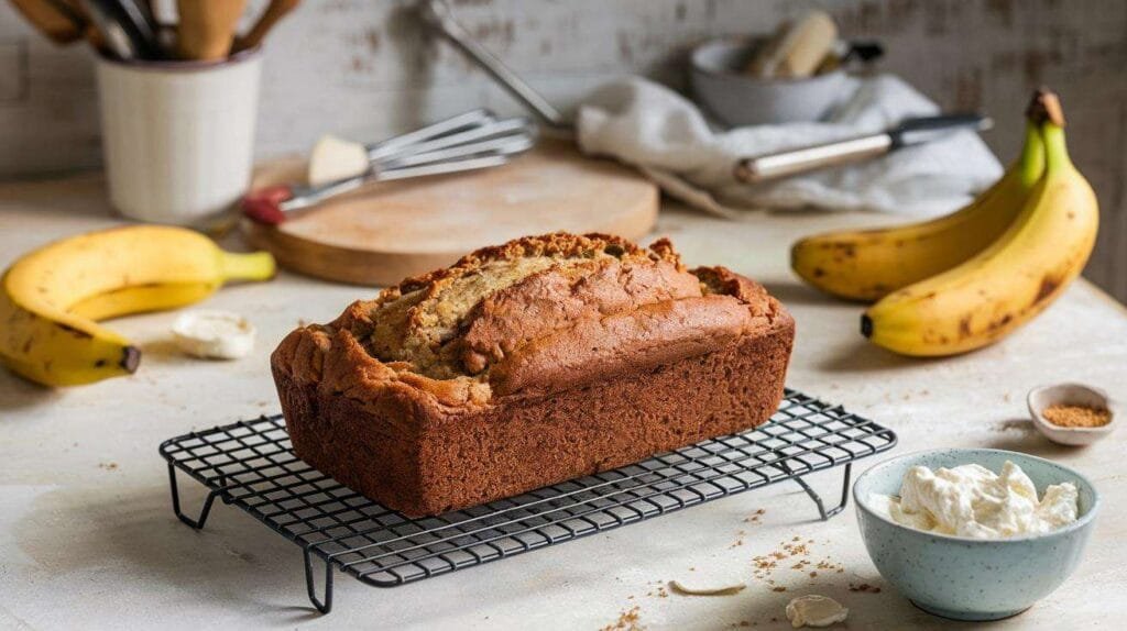 A beautifully styled loaf of banana bread on a cooling rack with a bowl of cottage cheese and ripe bananas in the background, surrounded by baking utensils.