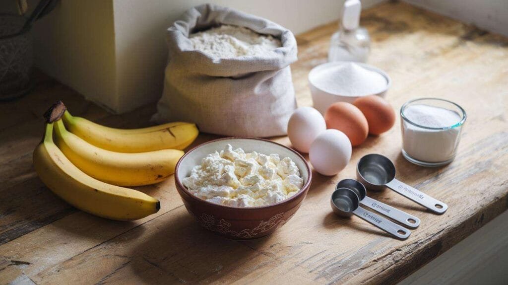 A flat lay of ingredients for cottage cheese banana bread, including ripe bananas, cottage cheese, flour, eggs, sugar, and a measuring spoon on a rustic kitchen countertop.