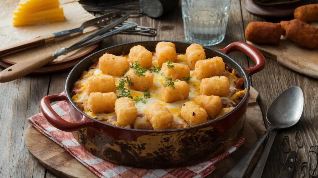 Cowboy casserole recipe: easy, cheesy, and delicious with crispy tater tots and gooey cheese.