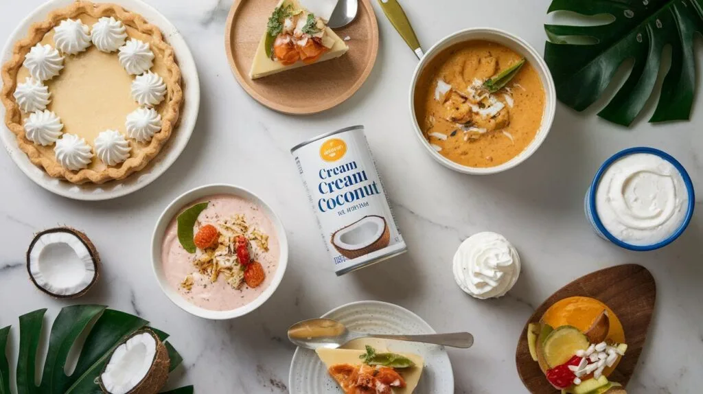 A flat lay of various dishes made with cream of coconut, including a coconut cream pie, a curry, and a tropical smoothie, with a can of cream of coconut as the centerpiece.