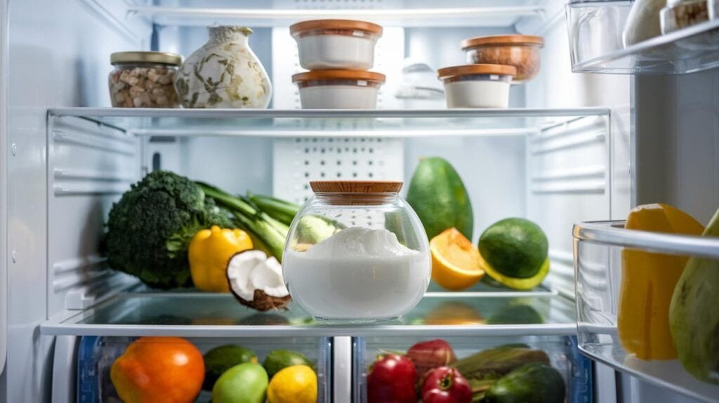An opened can of cream of coconut stored in a glass container with a sealed lid, placed in a refrigerator.
