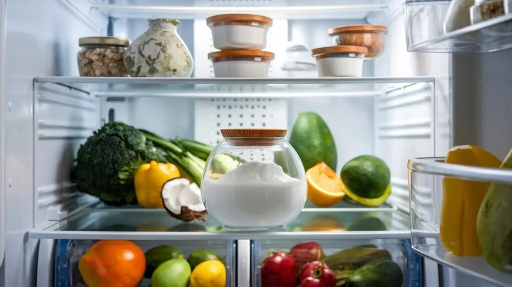 An opened can of cream of coconut stored in a glass container with a sealed lid, placed in a refrigerator.