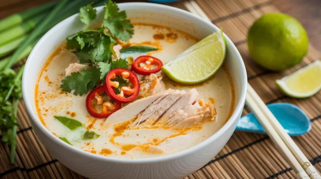 A bowl of creamy Thai coconut chicken soup, garnished with red chilies, cilantro, and a wedge of lime.