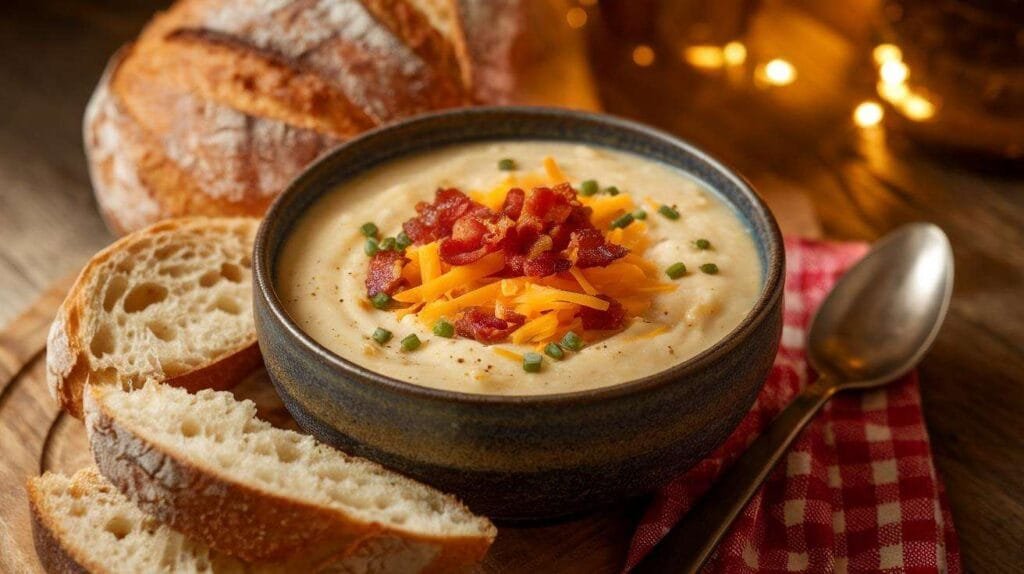 A bowl of potato soup topped with shredded cheddar cheese, crispy bacon bits, and chopped chives.