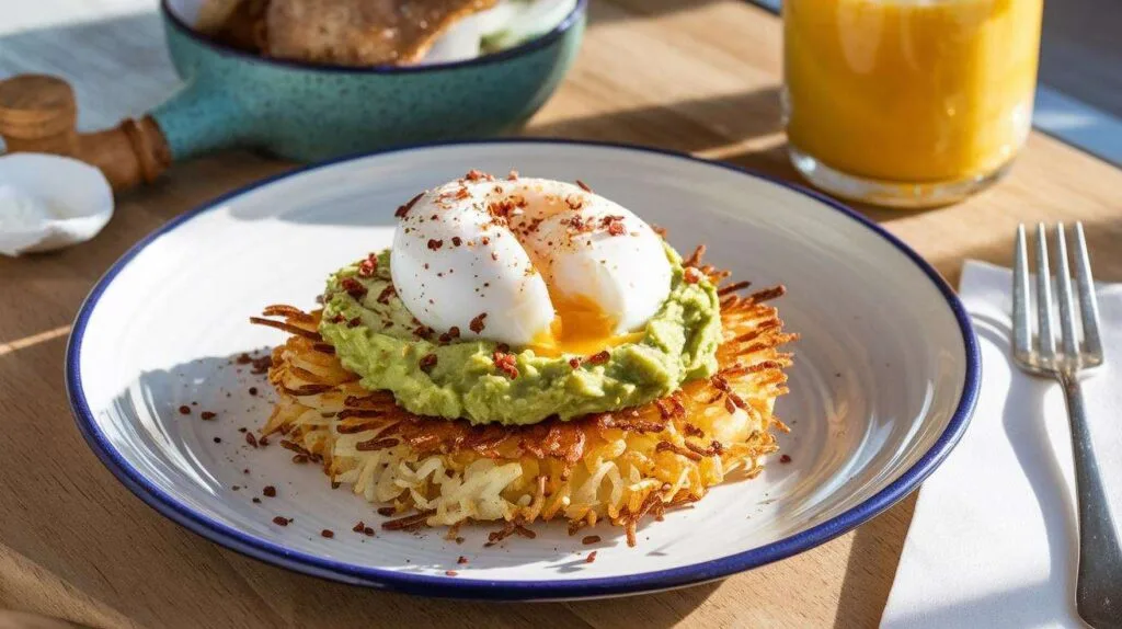 A plate of hash browns topped with avocado smash, a poached egg, and chili flakes.