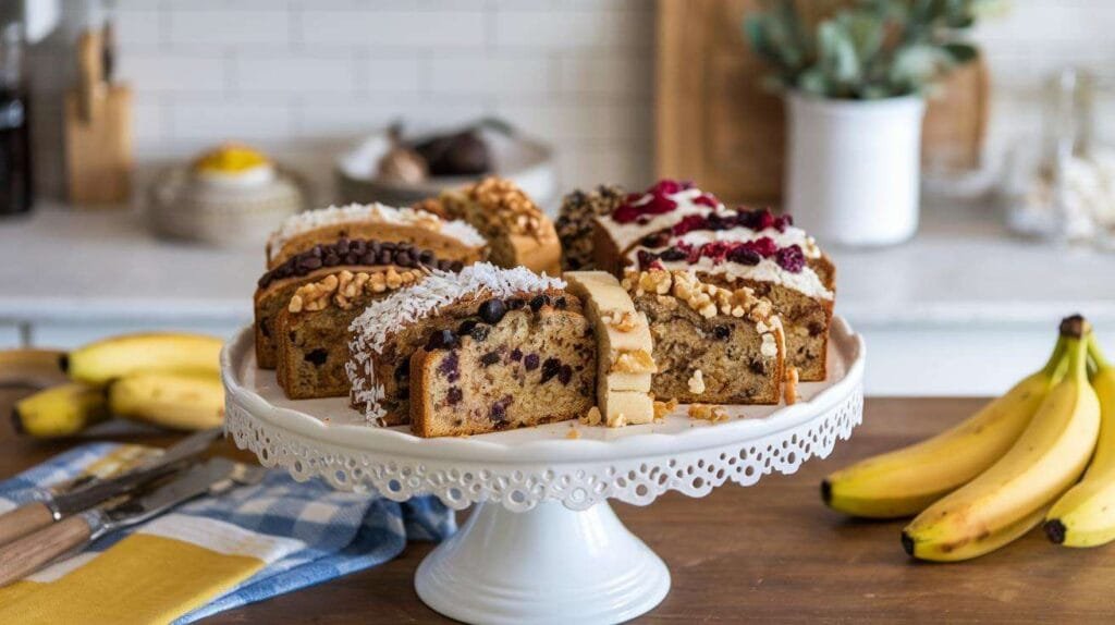 A variety of banana bread slices topped with different add-ins like dark chocolate chips, walnuts, and dried cranberries, displayed on a serving platter.