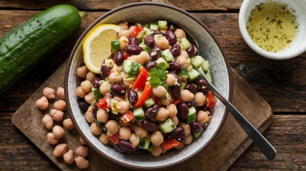 Dense bean salad packed with beans, crunchy vegetables, and tangy dressing