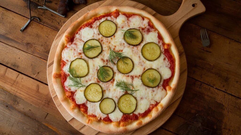 A freshly baked dill pickle pizza topped with Alfredo sauce, garnished with fresh dill on a wooden pizza board.