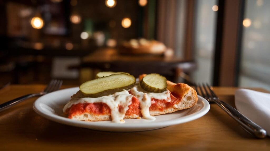 A slice of dill pickle pizza on a plate, paired with a cold glass of pale ale on a wooden table.