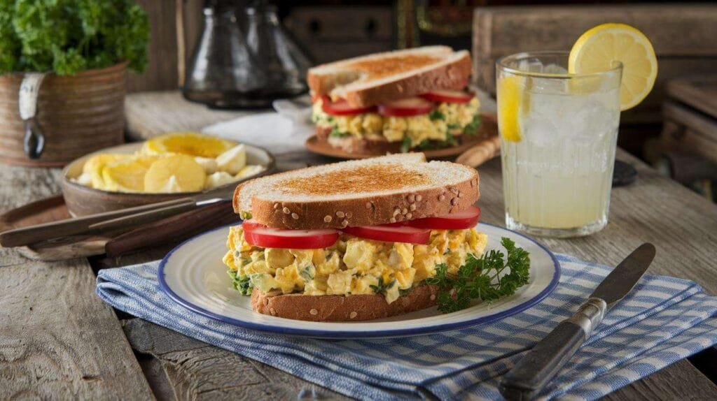 Egg salad sandwich garnished with parsley on a white plate.