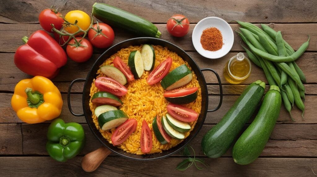 Fresh vegetables like bell peppers, tomatoes, zucchini, and green beans, along with saffron and olive oil.