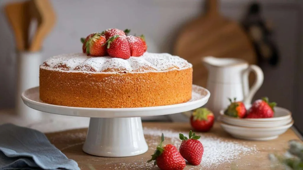 A whole buttermilk cake on a white cake stand, garnished with powdered sugar and fresh strawberries.