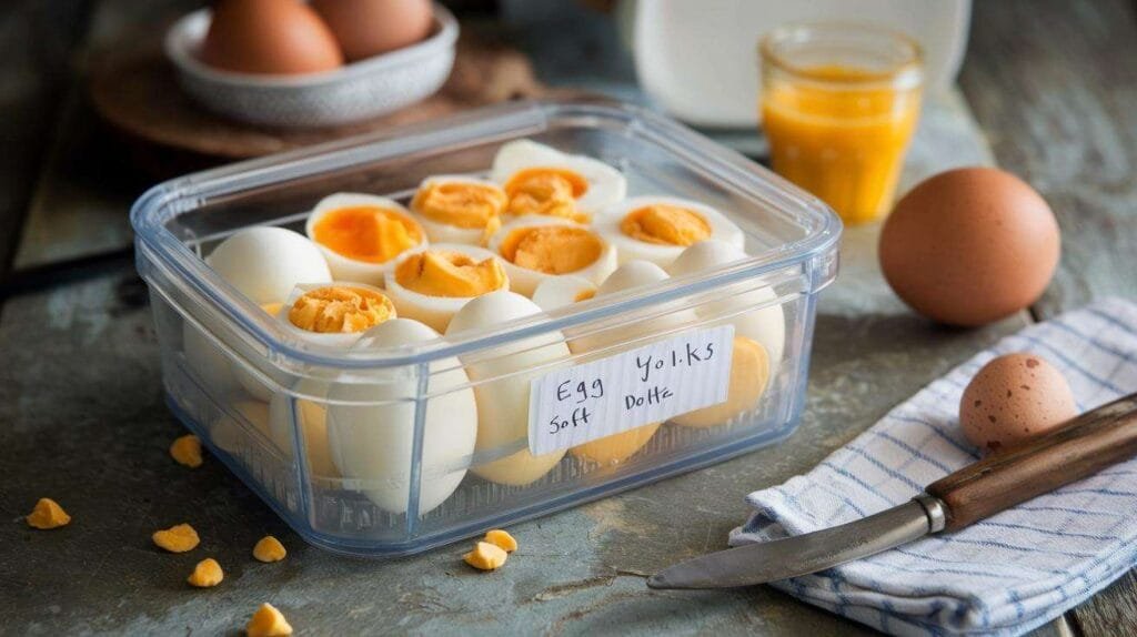 Egg yolks stored in a freezer-safe container.
