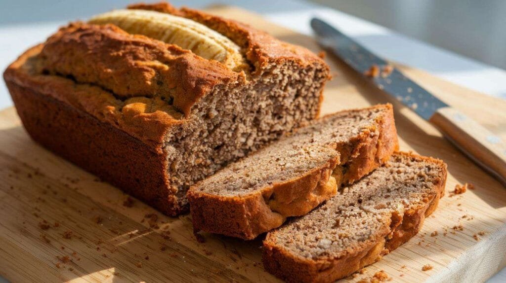 A loaf of golden-brown banana bread sliced to reveal its moist texture, placed on a wooden cutting board with a few slices leaning outward.