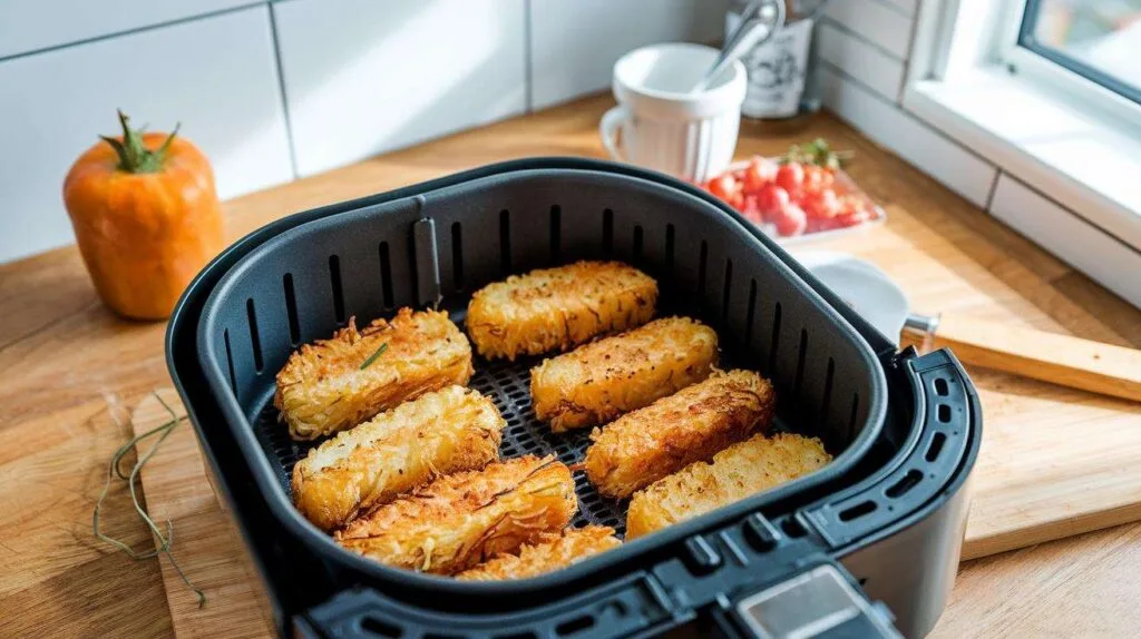 Frozen hash browns neatly arranged in an air fryer basket, ready for cooking.