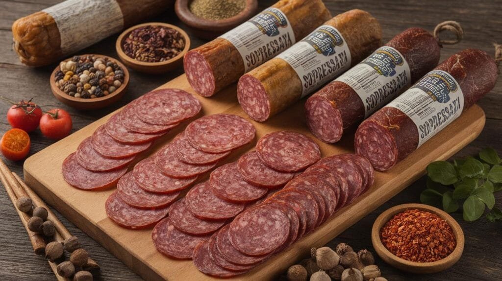 An assortment of Soppressata variations from different regions, including spicy, mild, and smoked.