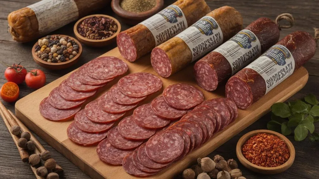 An assortment of Soppressata variations from different regions, including spicy, mild, and smoked.