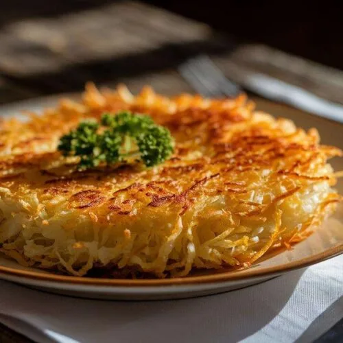 A perfectly golden, crispy hash brown on a white plate, garnished with parsley and set on a wooden table.