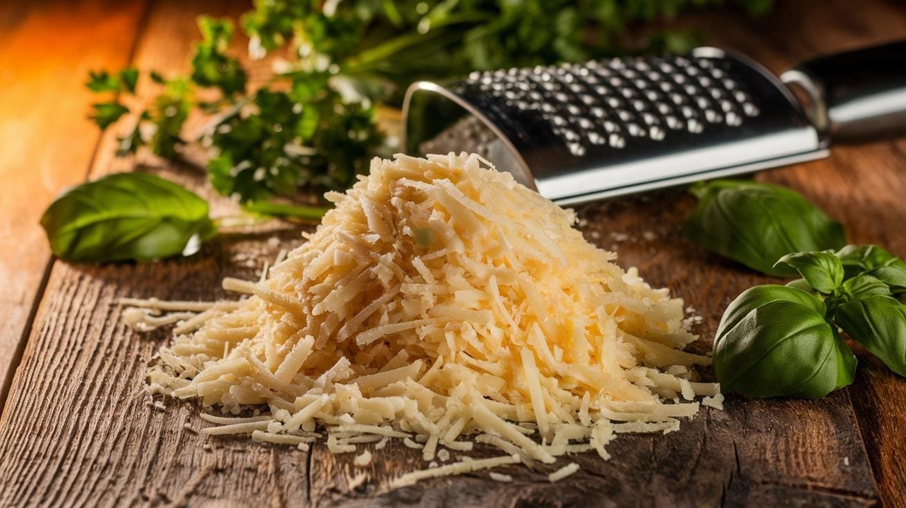 A vibrant display of finely grated cheese with a grater and fresh herbs on a rustic wooden surface.