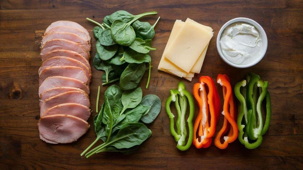 Ingredients for Swiss turkey rolls, including turkey slices, Swiss cheese, cream cheese, and fresh vegetables, laid out on a wooden table.