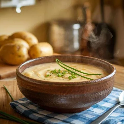 A steaming bowl of creamy potato soup garnished with fresh chives, served in a rustic ceramic bowl on a wooden table.