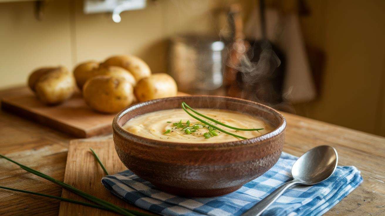 A steaming bowl of creamy potato soup garnished with fresh chives, served in a rustic ceramic bowl on a wooden table.