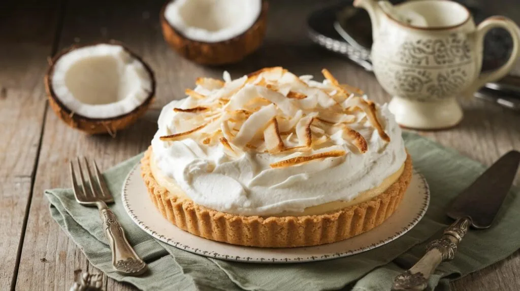 A close-up of a coconut cream pie with a golden crust and silky filling, garnished with toasted coconut flakes.