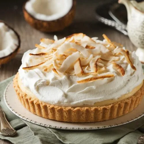 A close-up of a coconut cream pie with a golden crust and silky filling, garnished with toasted coconut flakes.