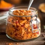 A glass jar filled with homemade chicken taco seasoning, surrounded by a spoon and scattered spices on a wooden surface.