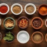 A collection of spices in small bowls, including chili powder, cumin, paprika, garlic powder, onion powder, oregano, cayenne pepper, salt, and pepper.