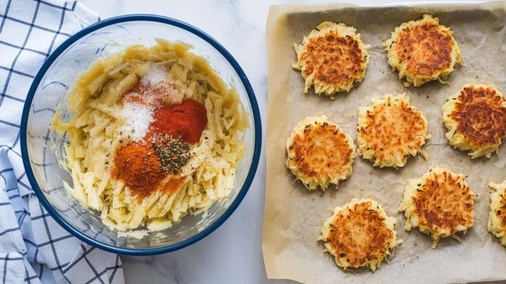Grated potatoes in a mixing bowl with seasonings, alongside formed patties ready for air frying.