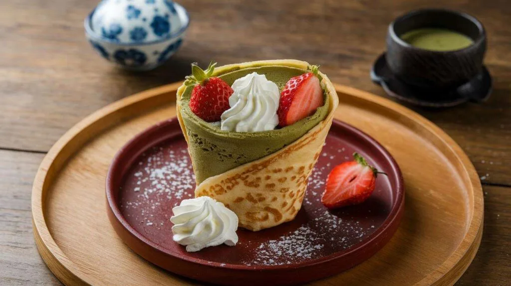 A freshly made Japanese-style crepe from T-Swirl Crepe with vibrant toppings, rolled in a cone shape.