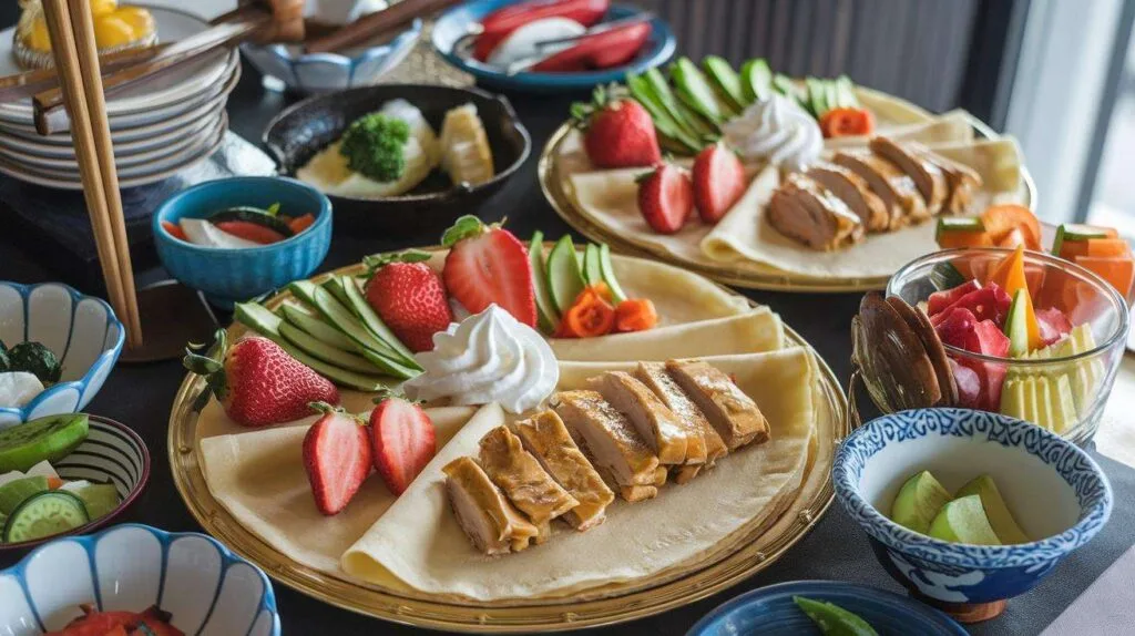 A variety of Japanese-style crepes with sweet and savory fillings, arranged on a table.