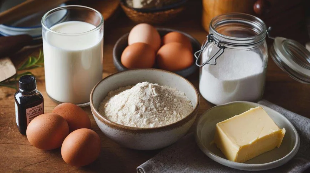 Key ingredients for buttermilk cake including a bowl of flour, a glass of buttermilk, eggs, sugar, butter, and vanilla extract on a rustic wooden table.