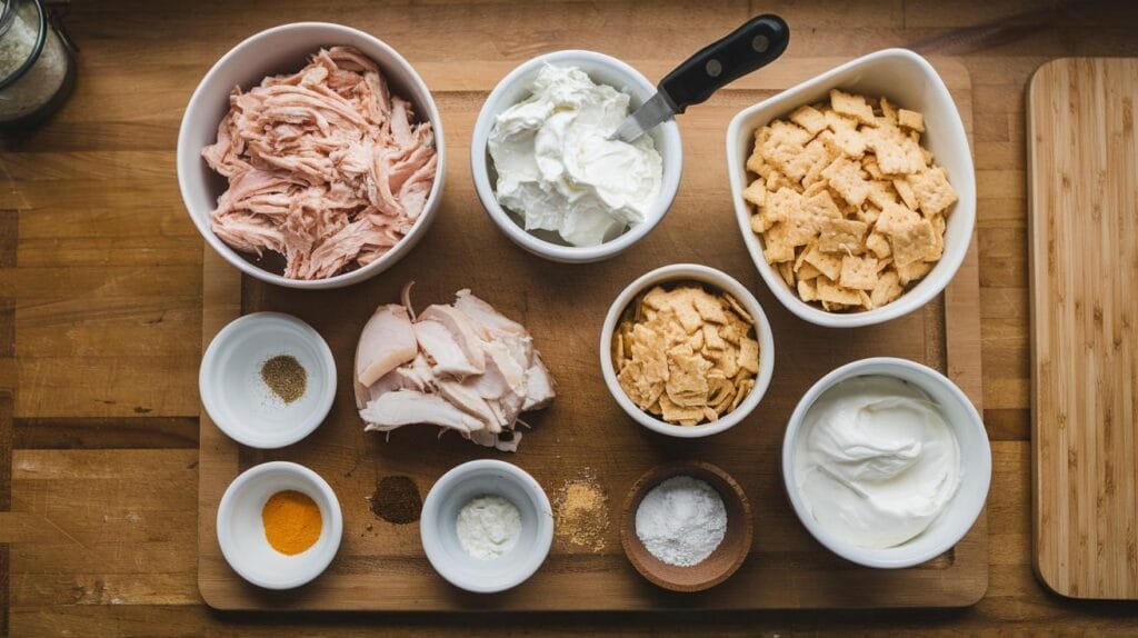 Ingredients for Million Dollar Chicken Casserole, including shredded chicken, cream cheese, and crushed crackers.