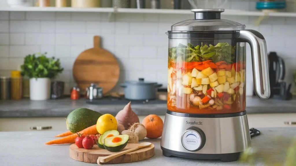A soup maker with layers of broth, soft vegetables, and hard root vegetables inside.