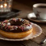 A freshly baked Long John Donut on a white plate, topped with chocolate glaze and colorful sprinkles.